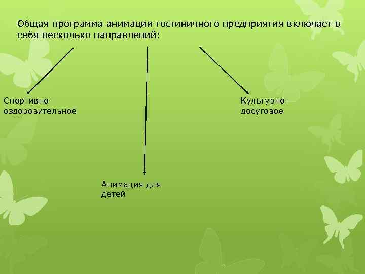 Общая программа анимации гостиничного предприятия включает в себя несколько направлений: Спортивнооздоровительное Культурнодосуговое Анимация для