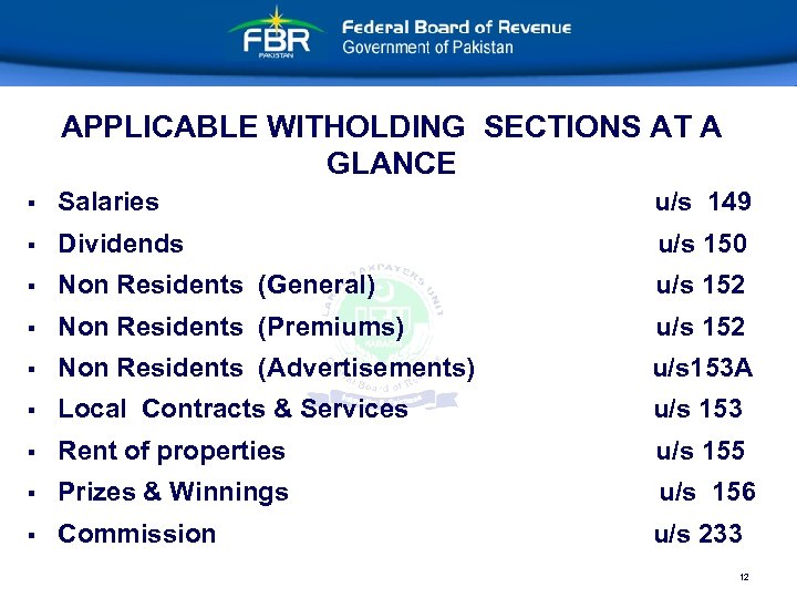 APPLICABLE WITHOLDING SECTIONS AT A GLANCE § Salaries u/s 149 § Dividends u/s 150