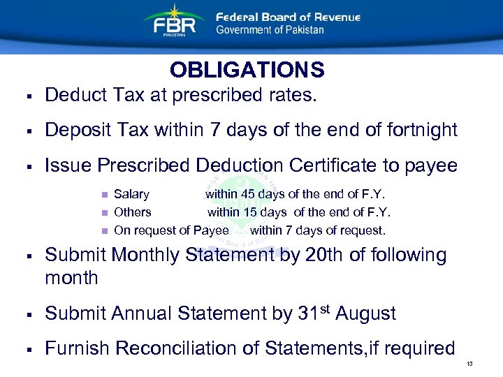 OBLIGATIONS § Deduct Tax at prescribed rates. § Deposit Tax within 7 days of