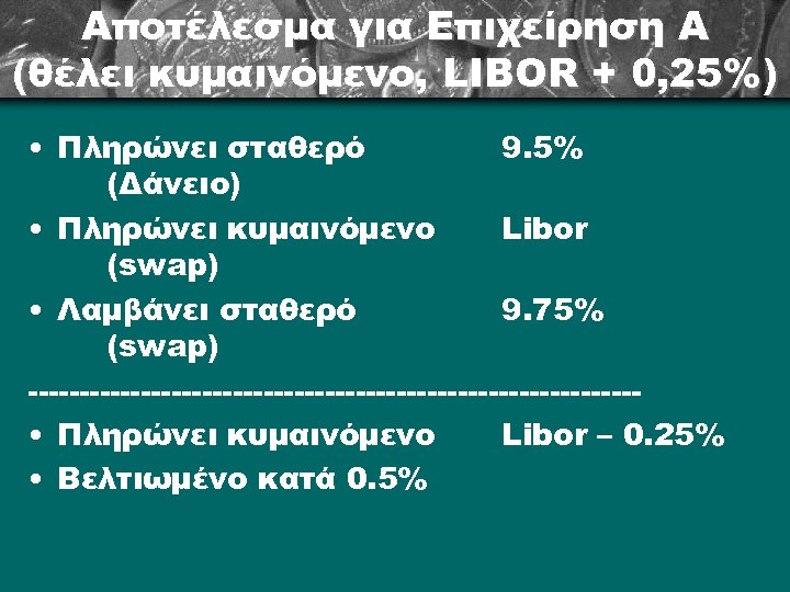 Αποτέλεσμα για Επιχείρηση Α (θέλει κυμαινόμενο, LIBOR + 0, 25%) • Πληρώνει σταθερό 9.