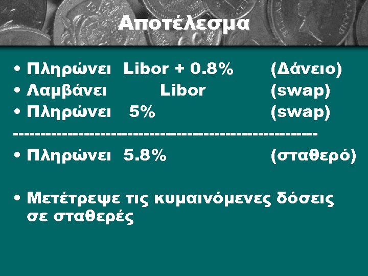 Αποτέλεσμα • Πληρώνει Libor + 0. 8% (Δάνειο) • Λαμβάνει Libor (swap) • Πληρώνει