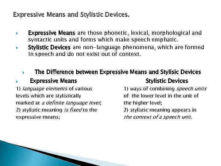 Expressive Means and Stylistic Devices. Expressive Means are those phonetic, lexical, morphological and syntactic