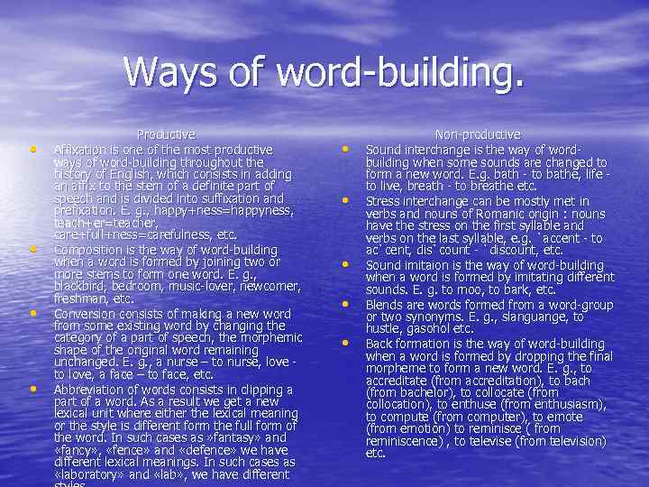 Ways of word-building. • • Productive Affixation is one of the most productive ways