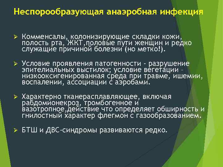 Неспорообразующая анаэробная инфекция Ø Комменсалы, колонизирующие складки кожи, полость рта, ЖКТ, половые пути женщин