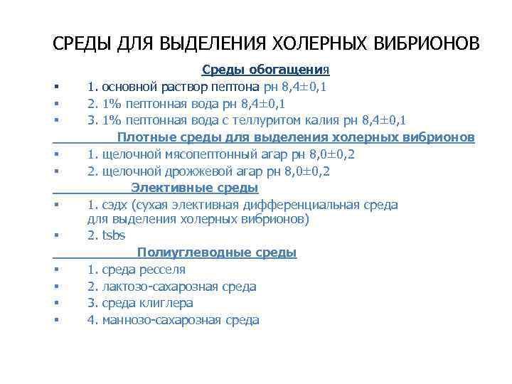 СРЕДЫ ДЛЯ ВЫДЕЛЕНИЯ ХОЛЕРНЫХ ВИБРИОНОВ § § § Среды обогащения 1. основной раствор пептона