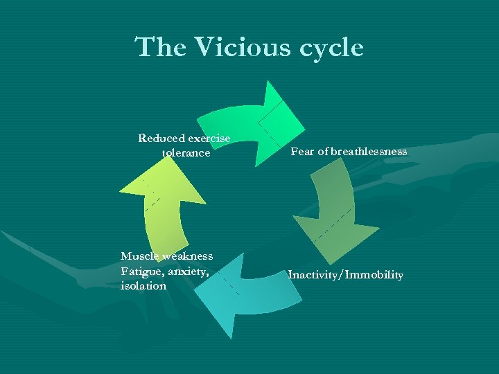 The Vicious cycle Reduced exercise tolerance Muscle weakness Fatigue, anxiety, isolation Fear of breathlessness