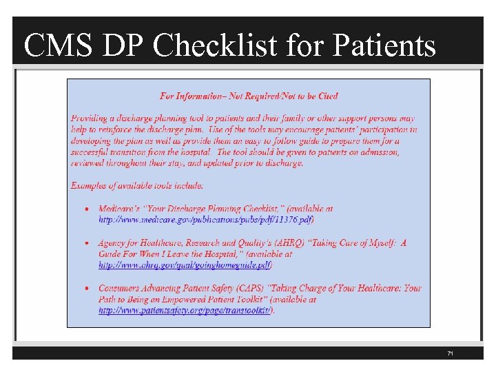 CMS DP Checklist for Patients 71 