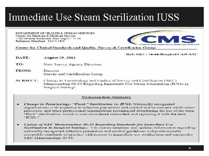 Immediate Use Steam Sterilization IUSS 86 
