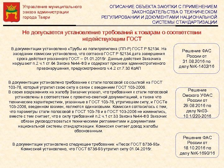 Управление муниципального заказа администрации города Твери ОПИСАНИЕ ОБЪЕКТА ЗАКУПКИ С ПРИМЕНЕНИЕМ ЗАКОНОДАТЕЛЬСТВА О ТЕХНИЧЕСКОМ