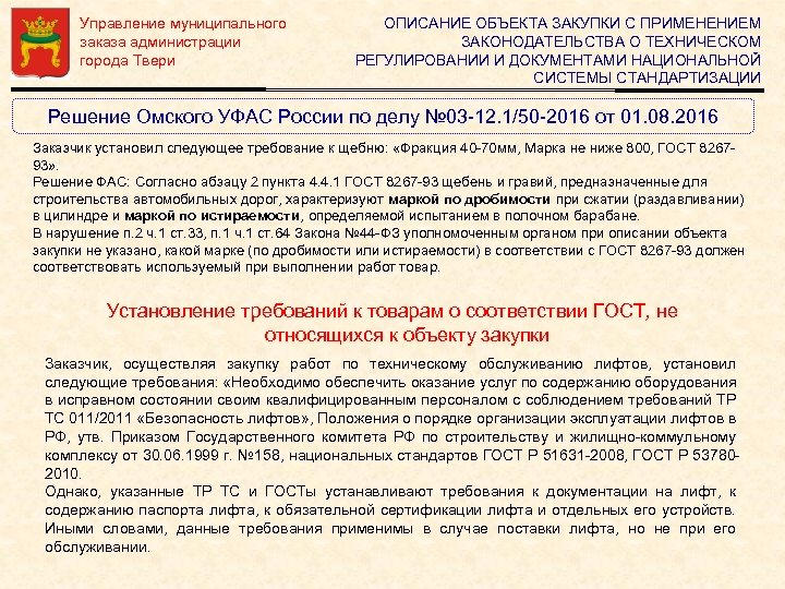 Управление муниципального заказа администрации города Твери ОПИСАНИЕ ОБЪЕКТА ЗАКУПКИ С ПРИМЕНЕНИЕМ ЗАКОНОДАТЕЛЬСТВА О ТЕХНИЧЕСКОМ
