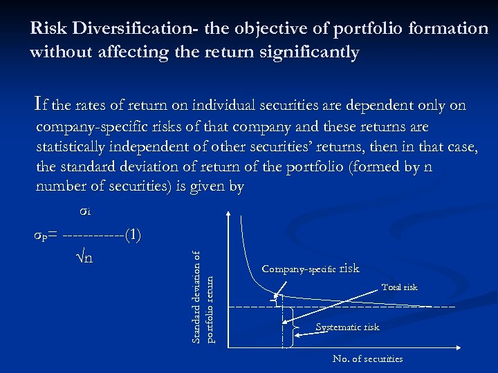 Risk Diversification- the objective of portfolio formation without affecting the return significantly If the