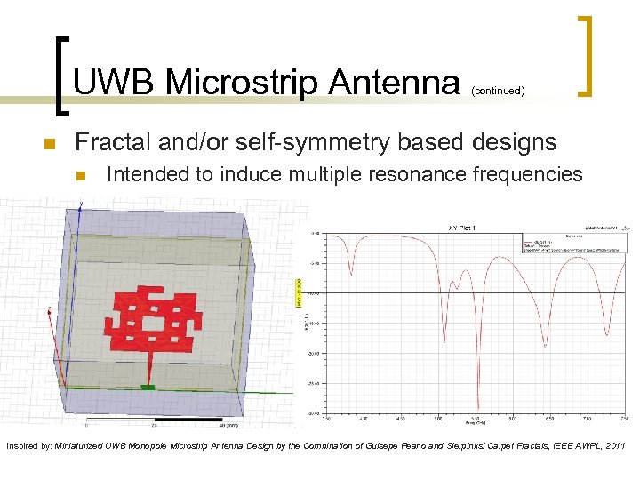 UWB Microstrip Antenna n (continued) Fractal and/or self-symmetry based designs n Intended to induce