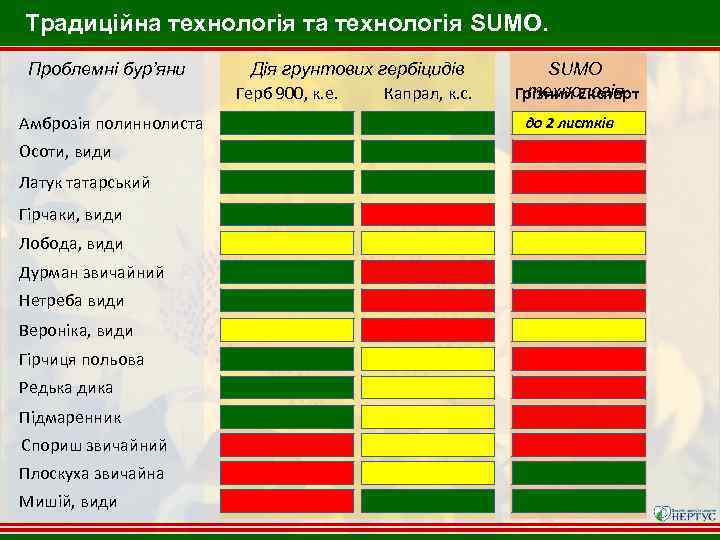 Традиційна технологія та технологія SUMO. Проблемні бур’яни Амброзія полиннолиста Осоти, види Латук татарський Гірчаки,