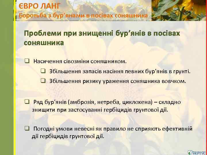 ЄВРО ЛАНГ Боротьба з бур’янами в посівах соняшника Проблеми при знищенні бур’янів в посівах