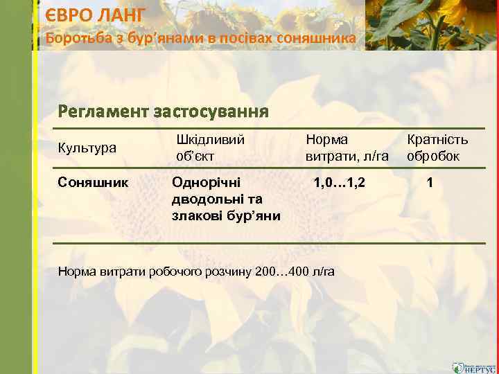ЄВРО ЛАНГ Боротьба з бур’янами в посівах соняшника Регламент застосування Культура Соняшник Шкідливий об’єкт