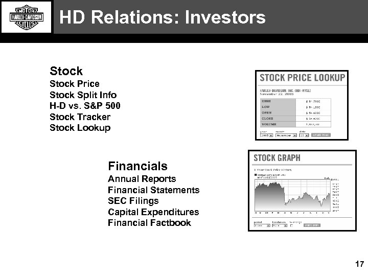 HD Relations: Investors Stock Price Stock Split Info H-D vs. S&P 500 Stock Tracker