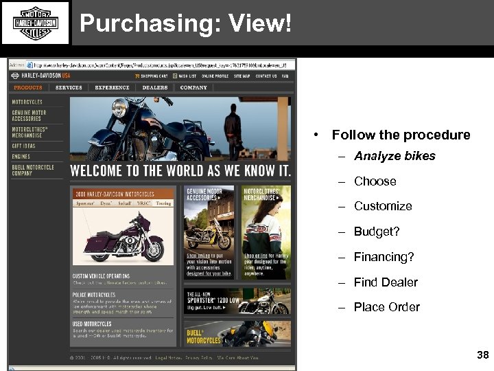Purchasing: View! • Follow the procedure – Analyze bikes – Choose – Customize –