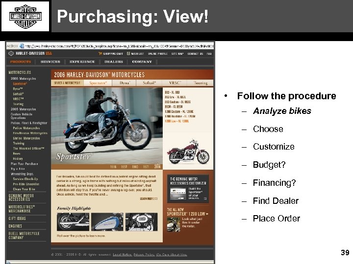 Purchasing: View! • Follow the procedure – Analyze bikes – Choose – Customize –