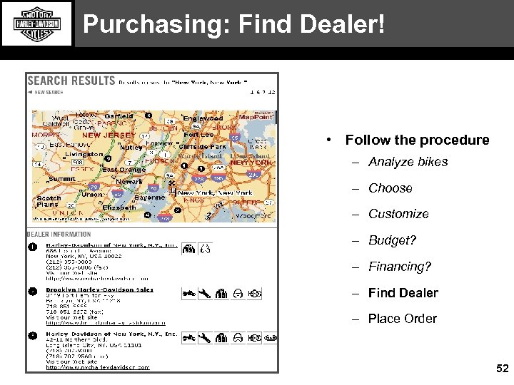 Purchasing: Find Dealer! • Follow the procedure – Analyze bikes – Choose – Customize