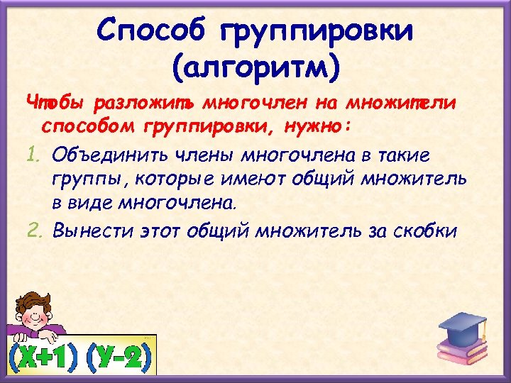 Способ группировки (алгоритм) Чтобы разложить многочлен на множители способом группировки, нужно: 1. Объединить члены