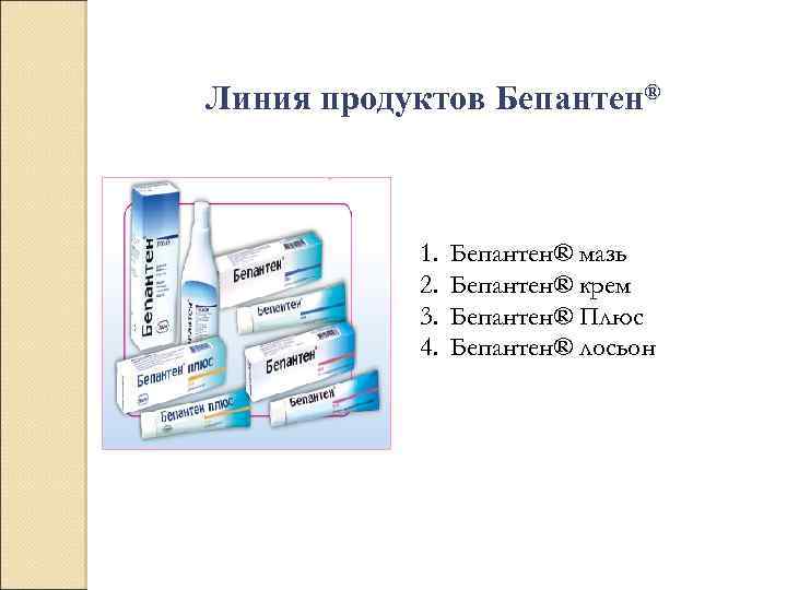 Линия продуктов Бепантен® 1. 2. 3. 4. Бепантен® мазь Бепантен® крем Бепантен® Плюс Бепантен®