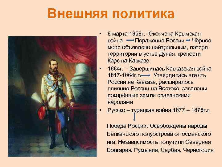 Внешняя политика • • • 6 марта 1856 г. - Окончена Крымская война Поражение