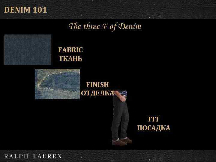 DENIM 101 The three F of Denim FABRIC ТКАНЬ FINISH ОТДЕЛКА FIT ПОСАДКА 
