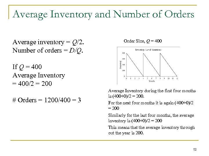 Average Inventory and Number of Orders Average inventory = Q/2. Number of orders =