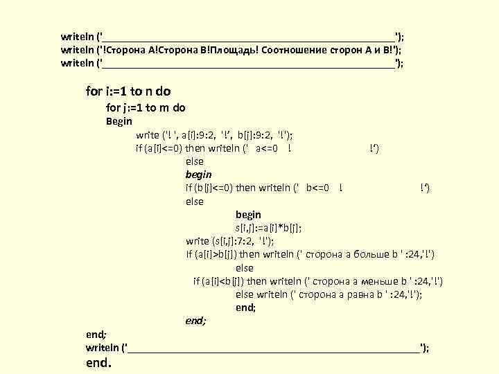 writeln ('___________________________'); writeln ('!Сторона A!Сторона В!Площадь! Соотношение сторон А и В!'); writeln ('___________________________'); for
