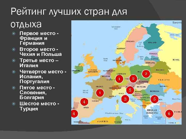 Рейтинг лучших стран для отдыха Первое место Франция и Германия Второе место Чехия и