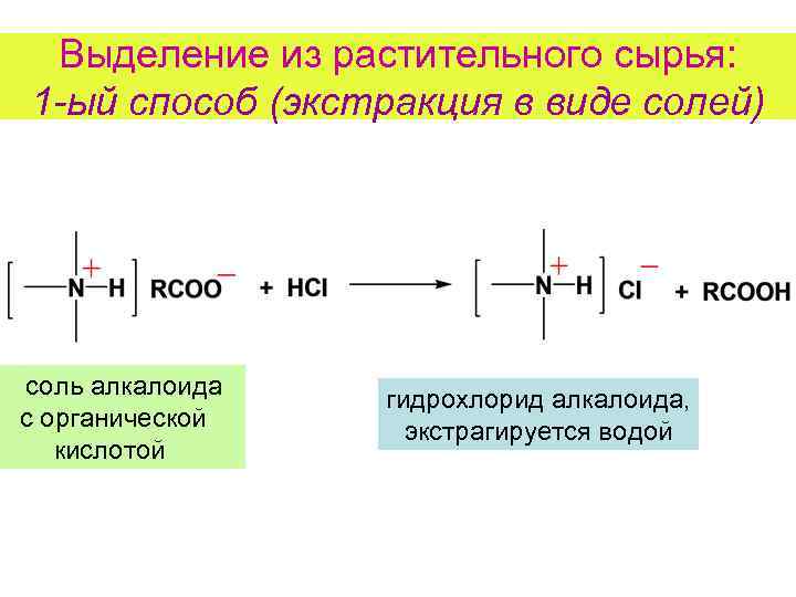 Выделение из растительного сырья: 1 -ый способ (экстракция в виде солей) соль алкалоида с