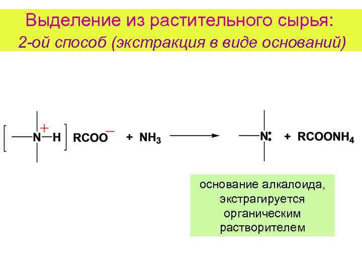 Выделение из растительного сырья: 2 -ой способ (экстракция в виде оснований) основание алкалоида, экстрагируется