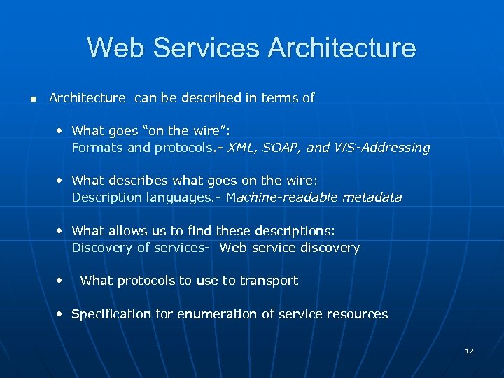 Web Services Architecture n Architecture can be described in terms of • What goes