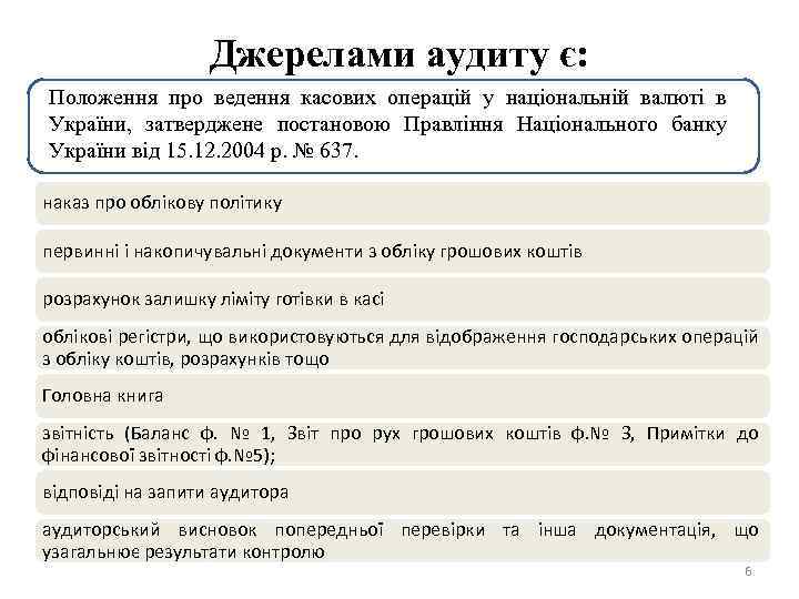 Джерелами аудиту є: Положення про ведення касових операцій у національній валюті в України, затверджене