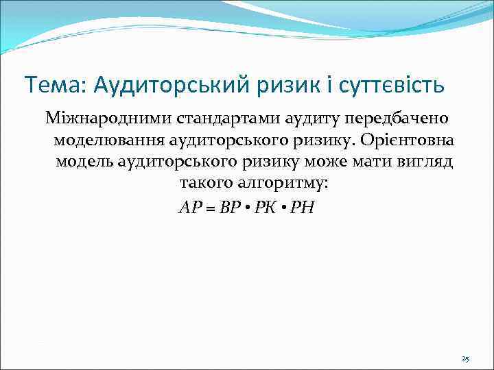 Тема: Аудиторський ризик і суттєвість Міжнародними стандартами аудиту передбачено моделювання аудиторського ризику. Орієнтовна модель