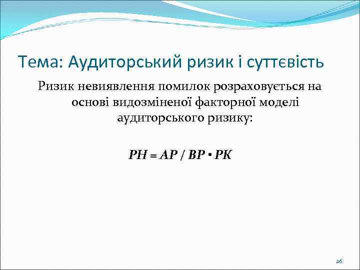 Тема: Аудиторський ризик і суттєвість Ризик невиявлення помилок розраховується на основі видозміненої факторної моделі