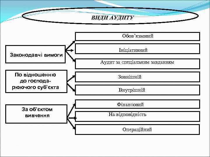 ВИДИ АУДИТУ Обов’язковий Законодавчі вимоги Ініціативний Аудит за спеціальним завданням По відношенню до господарюючого