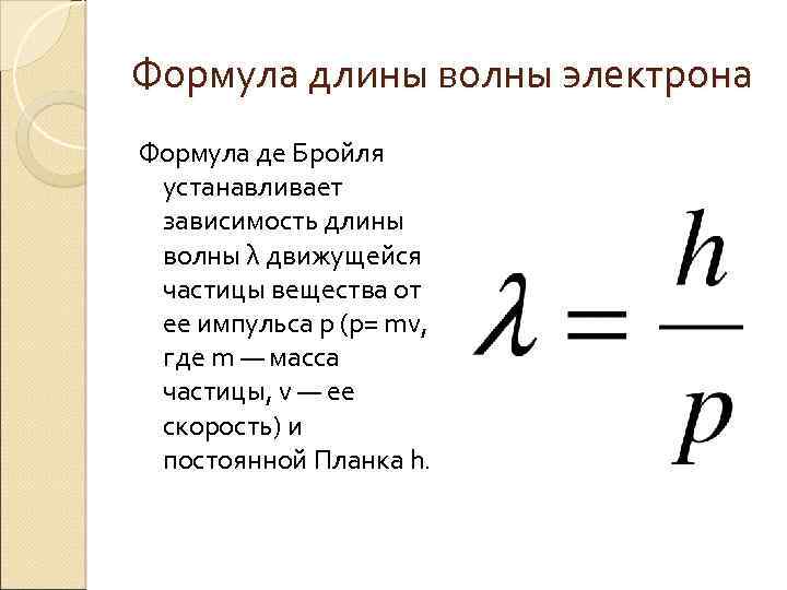 Длина де бройля электрона. Длина волны формула. Формула нахождения длины волны. Длина волны де Бройля формула. Волна де Бройля формула.