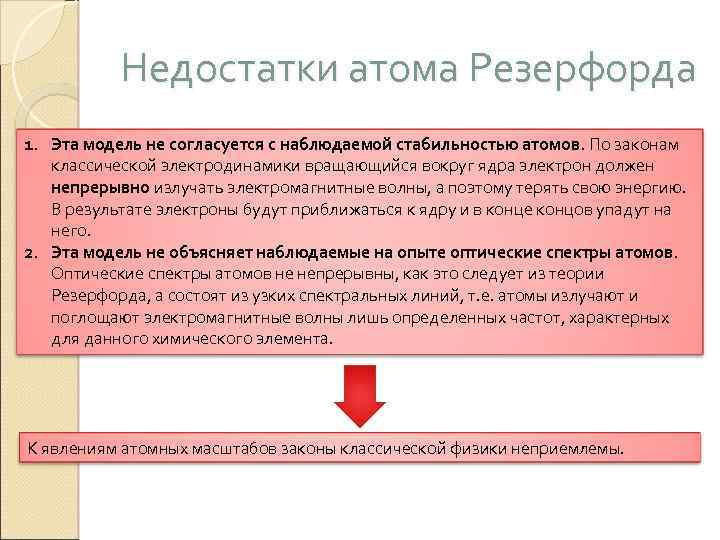 Недостатки атома Резерфорда 1. Эта модель не согласуется с наблюдаемой стабильностью атомов. По законам