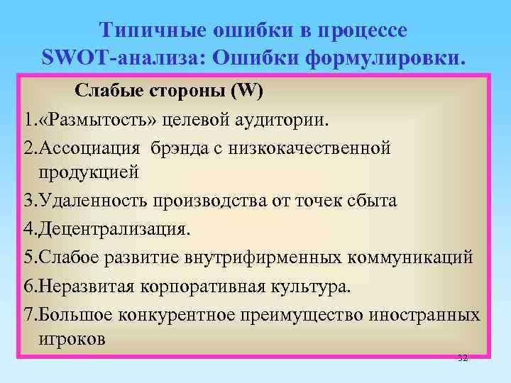 Типичные ошибки в процессе SWOT-анализа: Ошибки формулировки. Слабые стороны (W) 1. «Размытость» целевой аудитории.