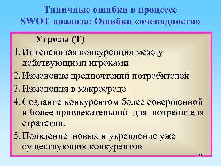 Типичные ошибки в процессе SWOT-анализа: Ошибки «очевидности» Угрозы (Т) 1. Интенсивная конкуренция между действующими