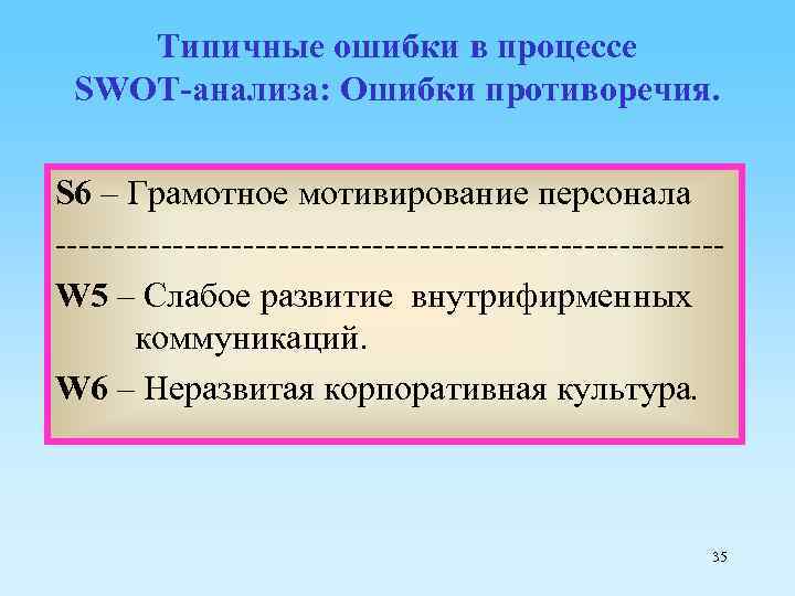 Типичные ошибки в процессе SWOT-анализа: Ошибки противоречия. S 6 – Грамотное мотивирование персонала ----------------------------W