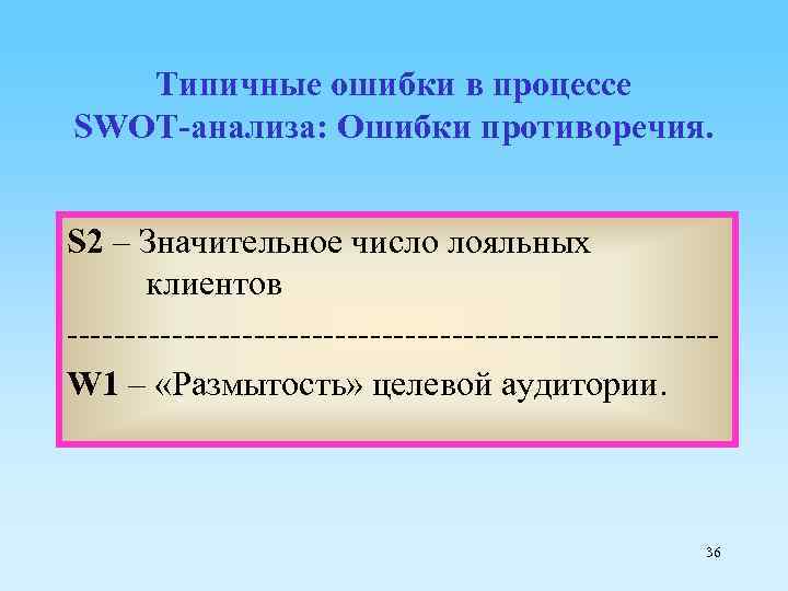 Типичные ошибки в процессе SWOT-анализа: Ошибки противоречия. S 2 – Значительное число лояльных клиентов