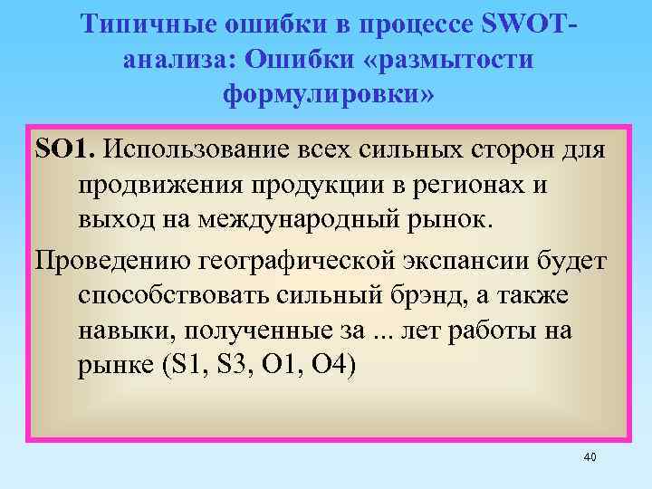 Типичные ошибки в процессе SWOTанализа: Ошибки «размытости формулировки» SO 1. Использование всех сильных сторон