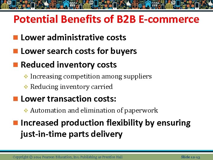Potential Benefits of B 2 B E-commerce n Lower administrative costs n Lower search