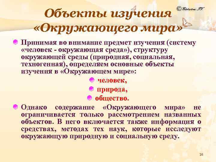 © Elistratova I. V. Объекты изучения «Окружающего мира» Принимая во внимание предмет изучения (систему