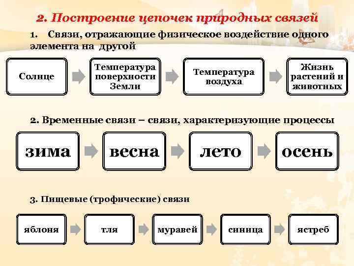 2. Построение цепочек природных связей 1. Связи, отражающие физическое воздействие одного элемента на другой