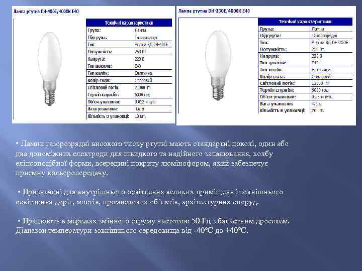  • Лампи газорозрядні високого тиску ртутні мають стандартні цоколі, один або два допоміжних