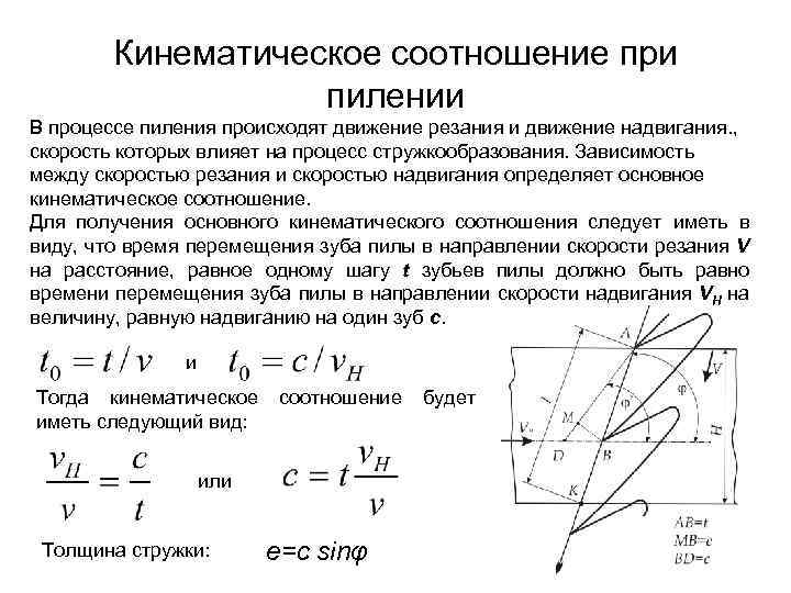 Кинематическое соотношение при пилении В процессе пиления происходят движение резания и движение надвигания. ,