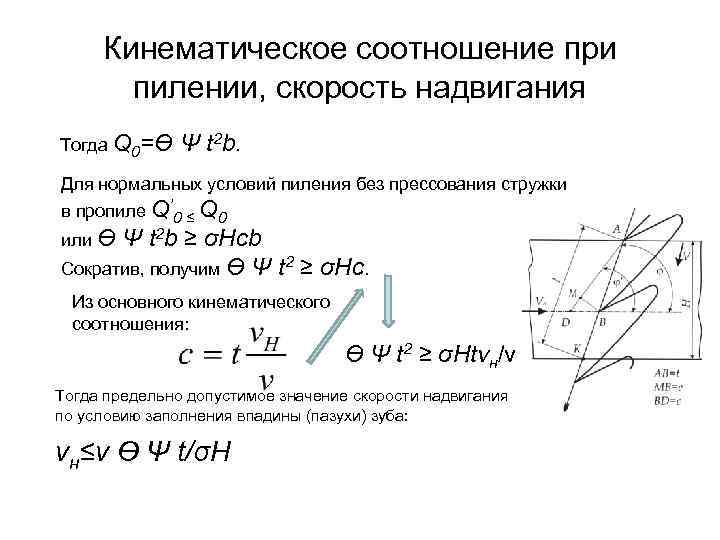 Кинематическое соотношение при пилении, скорость надвигания Тогда Q 0=Ө Ψ t 2 b. Для